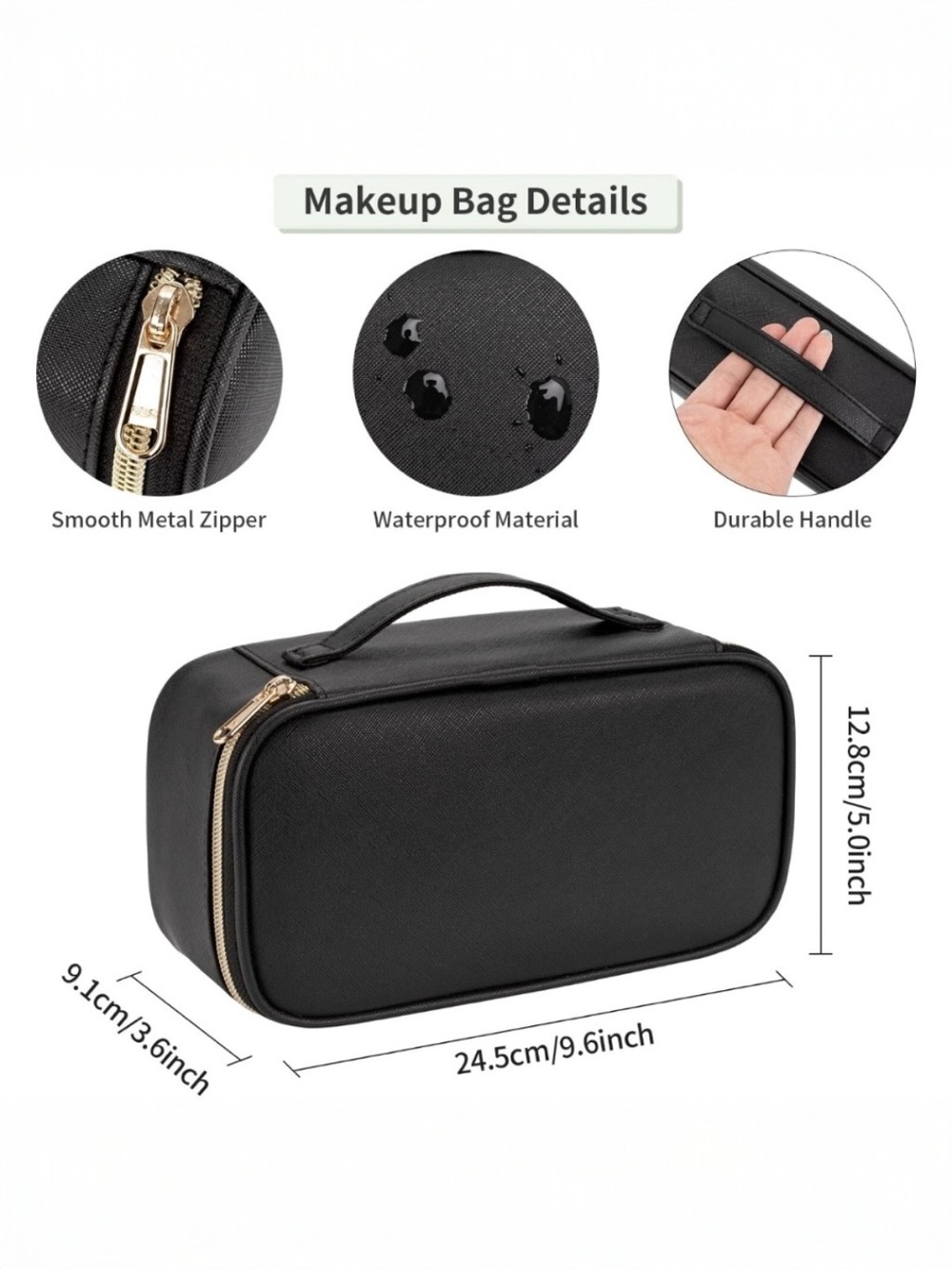 Black Travel Makeup Bag Cosmetic Organizer Toiletry Case Gold Zip - Picture 8 of 9
